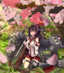 Rule 34 | 10s, 1girl, absurdres, amagami (makise tsubaki), ammunition, anchor, armband, bad id, bad nicoseiga id, bare shoulders, black thighhighs, breasts, bridal garter, brown hair, bullet, cannon, cherry blossoms, chrysanthemum, collar, detached sleeves, flower, hair between eyes, hair flower, hair ornament, headgear, highres, kantai collection, kikumon, large breasts, long hair, machinery, miniskirt, oil-paper umbrella, open mouth, outdoors, petals, pointy hair, ponytail, red eyes, red skirt, single thighhigh, sitting, skirt, solo, tassel, thighhighs, turret, umbrella, very long hair, wariza, yamato (kancolle)