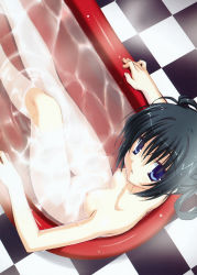 Rule 34 | 1girl, absurdres, bath, bathtub, black hair, blue eyes, breasts, caustics, checkered floor, floor, from above, hair rings, highres, legs, looking at viewer, looking up, muririn, nipples, nude, parted lips, small breasts, solo, source request, water, wet