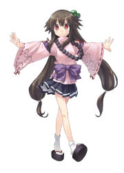 Rule 34 | 1girl, bad id, bad pixiv id, beads, blush, brown hair, clog sandals, hair bobbles, hair ornament, jewelry, long hair, necklace, okobo, original, outstretched arms, red eyes, saeki nao, sandals, skirt, solo, spread arms, tabi, twintails