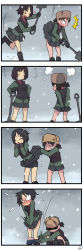 Rule 34 | &gt; &lt;, 10s, 2girls, 4koma, :o, ^^^, alina (girls und panzer), anger vein, angry, arms behind back, artist name, assisted exposure, bike shorts, black footwear, black gloves, black hair, black shorts, black skirt, black vest, blank eyes, blush, boots, brown hat, closed eyes, clothes lift, clothes pull, comic, commentary, emblem, flying sweatdrops, full-face blush, fume, fur hat, girls und panzer, gloves, green jacket, grin, hand on own hip, hat, heart, highres, holding, jacket, leg up, lifting another&#039;s clothes, long sleeves, looking at another, military, military uniform, miniskirt, motion blur, multiple girls, nina (girls und panzer), notice lines, open mouth, panties, pantsing, panty pull, pink panties, pleated skirt, pravda military uniform, pulling another&#039;s clothes, red shirt, sharp teeth, shirt, short hair, short twintails, shorts, shorts pull, shorts under skirt, shouting, shovel, signature, silent comic, skirt, skirt lift, skirt tug, smile, snow, squatting, standing, standing on one leg, sweatdrop, teeth, tessaku ro, turtleneck, twintails, underwear, uniform, ushanka, v-shaped eyebrows, vest, worktool