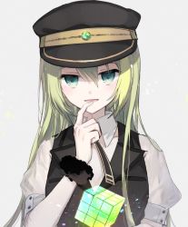 Rule 34 | 1girl, alina gray, black hat, black vest, boyano, collared shirt, cube, finger to mouth, glowing, green eyes, green hair, grey background, hair between eyes, hand up, hat, long hair, looking at viewer, magia record: mahou shoujo madoka magica gaiden, mahou shoujo madoka magica, parted lips, peaked cap, puffy short sleeves, puffy sleeves, shirt, short sleeves, simple background, smile, solo, upper body, very long hair, vest, white shirt