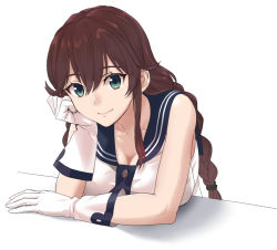 Rule 34 | 1girl, arm rest, blue eyes, blue sailor collar, braid, breast rest, breasts, brown hair, cleavage, collarbone, elbow rest, fugu custom, gloves, green eyes, hair between eyes, head rest, kantai collection, large breasts, lips, long hair, looking at viewer, medium breasts, midriff, necktie, noshiro (kancolle), sailor collar, school uniform, serafuku, shirt, sidelocks, simple background, sleeveless, sleeveless shirt, smile, solo, swept bangs, twin braids, upper body, white background, white gloves