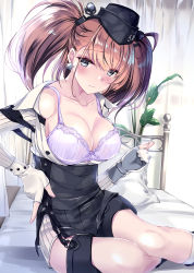 Rule 34 | 1girl, anchor hair ornament, atlanta (kancolle), bed, black hat, black skirt, blush, bra, breasts, brown hair, buttons, cleavage, closed mouth, collarbone, cover image, curtains, dress shirt, earrings, embarrassed, feet out of frame, female focus, fingernails, frilled bra, frills, garrison cap, garter straps, gloves, grey eyes, hair ornament, hand on own hip, hat, head tilt, high-waist skirt, highres, indoors, jewelry, kantai collection, kobayashi chisato, large breasts, lips, long hair, long sleeves, looking at viewer, on bed, open clothes, partially fingerless gloves, photoshop (medium), pillow, plant, shiny skin, shirt, sitting, skirt, solo, star (symbol), star earrings, suspender skirt, suspenders, textless version, thigh strap, two side up, underwear, white bra, white gloves, white shirt, yokozuwari