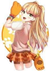Rule 34 | 10s, 1girl, animal hands, bad id, bad pixiv id, blonde hair, commentary request, eyebrows, fang, flower, from behind, gloves, green eyes, hair ornament, hand up, idolmaster, idolmaster cinderella girls, jougasaki rika, looking at viewer, looking back, open mouth, paw gloves, paw print, plaid, plaid skirt, shiny skin, shirt, short sleeves, sketch, skirt, smile, solo, sweater vest, takamiya nao, twintails, two side up, wristband