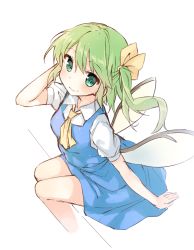 Rule 34 | 1girl, ascot, bad id, bad pixiv id, blush, collared shirt, daiyousei, fairy, fairy wings, from above, green eyes, green hair, hair ribbon, hand in own hair, hand on own head, looking up, matching hair/eyes, ribbon, shirt, shnva, short hair, simple background, sitting, smile, solo, touhou, white background, wings