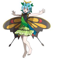 Rule 34 | 1girl, absurdres, antennae, aqua hair, asatsuki (fgfff), barefoot, beautifly, butterfly wings, commentary request, creatures (company), dress, eternity larva, fairy, full body, game freak, gen 3 pokemon, green dress, hair between eyes, happy, highres, insect wings, leaf, leaf on head, looking at viewer, multicolored clothes, multicolored dress, nintendo, open mouth, orange eyes, outstretched arms, parody, pokemon, short hair, short sleeves, smile, solo, spread arms, style parody, sugimori ken (style), teeth, touhou, transparent background, upper teeth only, wings