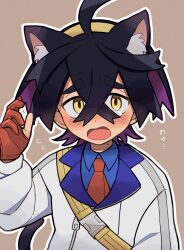 Rule 34 | 1boy, ahoge, animal ears, black hair, blue shirt, blush, brown background, collared shirt, colored inner hair, commentary request, creatures (company), game freak, gloves, hairband, hand up, highres, jacket, kieran (pokemon), looking at viewer, male focus, mole, mole on neck, multicolored hair, necktie, nintendo, open mouth, outline, partially fingerless gloves, pokemon, pokemon sv, red necktie, shirt, solo, strap, tail, tearing up, tongue, upper body, usagi mochi (nsi 0012), white jacket, yellow eyes, yellow hairband