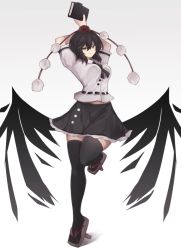 Rule 34 | 1girl, arms up, belt, black hair, black ribbon, black skirt, black thighhighs, black wings, book, closed mouth, commentary, full body, hat, highres, holding, holding book, looking at viewer, neck ribbon, red hat, ribbon, shameimaru aya, shirt, simple background, skirt, smile, socks, solo, spread wings, standing, standing on one leg, symbol-only commentary, thighhighs, tokin hat, touhou, white shirt, wings, yellow eyes, yonaga san