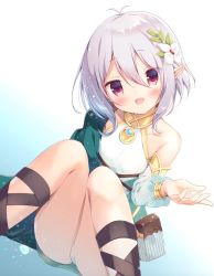 Rule 34 | 1girl, :d, antenna hair, bare shoulders, blue sleeves, blush, breasts, commentary request, detached sleeves, dress, flower, hair between eyes, hair flower, hair ornament, head tilt, highres, knees together feet apart, kokkoro (princess connect!), long sleeves, miyasaka naco, open mouth, panties, pointy ears, princess connect!, puffy long sleeves, puffy sleeves, red eyes, see-through, see-through sleeves, silver hair, sleeveless, sleeveless dress, small breasts, smile, solo, underwear, white dress, white flower, white panties