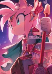 Rule 34 | 1girl, amy rose, animal nose, armor, armored dress, bad id, bad pixiv id, blue eyes, cape, closed mouth, commentary request, furry, furry female, gloves, hair ornament, hammer, holding, holding hammer, holding weapon, iiimirai, paladin, skirt, solo, sonic (series), twitter username, weapon, white gloves