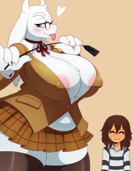 Rule 34 | 1boy, 1girl, animal ears, areola slip, blush, breasts, brown hair, claws, cleavage, cosplay, covered erect nipples, eric lowery, frisk (undertale), furry, glasses, goat ears, heart, highres, horns, huge breasts, looking at viewer, navel, open clothes, plaid, plaid skirt, plump, prison clothes, prison school, ribbon, riding crop, school uniform, shiraki meiko, shiraki meiko (cosplay), skirt, stomach, sweat, thick thighs, thighhighs, thighs, tongue, tongue out, toriel, unbuttoned, undertale