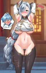Rule 34 | 1boy, 1girl, absurdres, armpits, arms behind head, arms up, aunt and nephew, blue eyes, blush, breast curtains, breasts, chongyun (genshin impact), curvy, embarrassed, genshin impact, grey hair, hair ornament, hair over one eye, heart pasties, highres, hitch (perotoss), incest, large breasts, long hair, maebari, navel, no bra, outdoors, pasties, revealing clothes, shenhe (genshin impact), standing, sweat, tagme, thighhighs, underboob, white hair, wide hips
