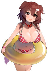 Rule 34 | 1girl, :3, :d, bare arms, bikini, bone hair ornament, bracelet, braid, breasts, brown eyes, brown hair, cleavage, dismassd, hair ornament, highres, hololive, innertube, inugami korone, jewelry, large breasts, looking at viewer, navel, open mouth, polka dot, polka dot bikini, simple background, smile, solo, swim ring, swimsuit, twin braids, virtual youtuber, white background