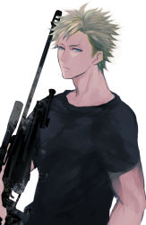 Rule 34 | 1boy, blonde hair, blue eyes, gun, highres, jormungand (manga), lutz, male focus, rifle, sniper rifle, solo, tetsuo (watson), weapon, white background
