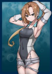 Rule 34 | 1girl, absurdres, akigumo (kancolle), black one-piece swimsuit, blonde hair, breasts, brown hair, competition swimsuit, cosplay, covered navel, cowboy shot, gloves, gradient hair, green eyes, highleg, highleg swimsuit, highres, kantai collection, long hair, medium breasts, mole, mole under eye, multicolored hair, one-piece swimsuit, ponytail, scamp (kancolle), scamp (kancolle) (cosplay), short shorts, shorts, solo, standing, swimsuit, tokiwa senkei, two-tone swimsuit, white gloves, white shorts, white one-piece swimsuit