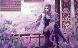 Rule 34 | 1girl, absurdres, boots, bug, butterfly, expressionless, fence, flower, highres, insect, long hair, looking to the side, purple hair, qinshi mingyue, sitting, sky, solo, tassel, white sky, windowsill, zi nu (qin shi ming yue), zi nu zhuye jun