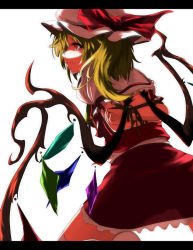 Rule 34 | 1girl, bound, bow, crystal, female focus, flandre scarlet, frills, hat, hat bow, kneeling, letterboxed, puffy sleeves, red eyes, shiina shian, short hair, short sleeves, side ponytail, skirt, skirt set, solo, sweat, tears, thighhighs, tied up (nonsexual), touhou, white background, white thighhighs, wings