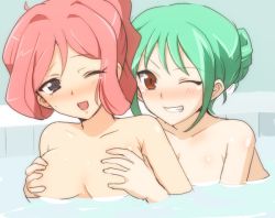 Rule 34 | 10s, 2girls, ;), anjou tokoha, bare arms, bare shoulders, bath, bathing, black eyes, blush, grabbing another&#039;s breast, breasts, brown eyes, cardfight!! vanguard, cardfight!! vanguard g, clenched teeth, female focus, grabbing, grabbing from behind, green hair, grin, hair up, hidaka kazuma, looking at another, medium breasts, multiple girls, neck, nude, okazaki kumi, one eye closed, open mouth, partially submerged, pink hair, smile, submerged, teeth, water, wince, wink, yuri