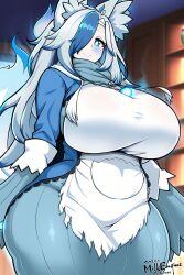 Rule 34 | 1girl, 2023, ahoge, animal ear fluff, animal ears, apron, blue dress, blue eyes, blue hair, blue scarf, blurry, blurry background, blush, borrowed character, breasts, cowboy shot, dress, female focus, fox ears, fox tail, from below, gradient hair, hair over one eye, highres, huge breasts, indoors, kitsune, kyosuke fujiwara, long hair, looking at viewer, mole, mole under eye, monster girl, multicolored hair, pale skin, scarf, smile, solo, standing, tail, taut clothes, taut dress, thick thighs, thighs, torn apron, torn clothes, white apron, white hair, wide hips