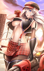 Rule 34 | 10s, 1girl, absurdres, alisa ilinichina amiella, blue eyes, blush, boots, bracelet, breasts, elbow gloves, female focus, fingerless gloves, gloves, god eater, hat, highres, jewelry, large breasts, long hair, looking at viewer, midriff, navel, pantyhose, parted lips, plaid, plaid skirt, single glove, skirt, solo, suspender skirt, suspenders, thigh boots, thighhighs, underboob, watanuki kaname, weapon