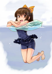 Rule 34 | 1girl, bad source, barefoot, blue innertube, blue one-piece swimsuit, blush, bow, brown eyes, brown hair, character request, copyright request, floating, frilled swimsuit, frills, full body, hair bow, hair ornament, innertube, katahira masashi, looking at viewer, nontraditional school swimsuit, one-piece swimsuit, open mouth, orange bow, partially submerged, ponytail, school swimsuit, short hair, smile, solo, swim ring, swimsuit, toes, water