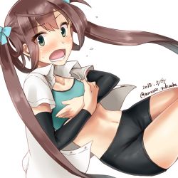 Rule 34 | 1girl, arm warmers, asagumo (kancolle), bike shorts, black shorts, brown hair, covering privates, covering chest, cowboy shot, dated, green eyes, hair ribbon, highres, kantai collection, long hair, looking at viewer, minase (takaoka nanase), open clothes, open mouth, open shirt, ribbon, shirt, shorts, simple background, skindentation, solo, sports bra, surprised, twintails, twitter username, white background, white shirt