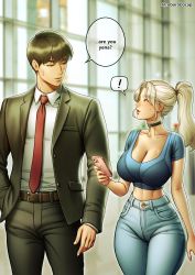 Rule 34 | 1boy, 1girl, absurdres, belt, black choker, black jacket, black pants, blue shirt, blurry, blurry background, bra visible through clothes, breasts, brown belt, cellphone, choker, cleavage, collared shirt, crop top, curvy, denim, dress shirt, formal, height difference, high ponytail, highres, holding, holding phone, jacket, jeans, kang hansung, large breasts, lee yena, looking at another, midriff, necktie, original, pants, phone, platinum blonde hair, red necktie, roborobocap, see-through, shirt, shirt tucked in, short hair, short sleeves, smartphone, standing, suit, sweat, white shirt, window