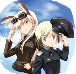 Rule 34 | 2girls, agahari, animal ears, blonde hair, blue eyes, cloud, day, erica hartmann, goggles, goggles on head, hand on own hip, hanna-justina marseille, hat, head wings, hip focus, holding, holding clothes, holding hat, long hair, military, military uniform, multiple girls, short hair, sky, smile, strike witches, uniform, unworn hat, unworn headwear, upper body, wings, witches of africa, world witches series