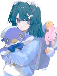 Rule 34 | 1girl, backpack, bag, blue hair, bow, budo (budoboros), crime prevention buzzer, hair bow, hair ornament, hairclip, highres, holding, holding stuffed toy, long sleeves, looking at viewer, original, purple eyes, randoseru, signature, simple background, solo, stuffed animal, stuffed chicken, stuffed penguin, stuffed rabbit, stuffed sheep, stuffed toy, upper body, white background, white bow