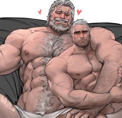Rule 34 | 2boys, abs, arm around shoulder, arm hair, bara, bare pectorals, beard, blind, blush, chest hair, couple, dopey (dopq), facial hair, giant, giant male, hair slicked back, hairy, heart, highres, large pectorals, leg hair, male focus, mature male, multiple boys, muscular, muscular male, mustache, naked towel, navel, navel hair, nipples, old, old man, on bed, overwatch, overwatch 1, pectorals, reinhardt (overwatch), scar, scar across eye, scar on arm, scar on chest, scar on face, scar on forehead, scar on mouth, short hair, sitting, size difference, soldier: 76 (overwatch), spread legs, stomach, thick eyebrows, towel, towel around waist, white hair, wrinkled skin, yaoi