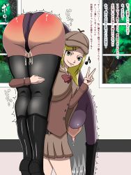 Rule 34 | 2girls, artist request, ass, blonde hair, bodysuit, boots, breasts, capelet, carrying, carrying over shoulder, carrying person, character request, coat, defeat, detective, from behind, gloves, green eyes, hair ornament, hairclip, hat, highres, huge ass, leotard, long hair, looking at viewer, miniskirt, multiple girls, red ass, shiny clothes, shiny skin, silver hair, skirt, smile, thick thighs, thigh boots, thighhighs, thighs, tongue, tongue out, translation request, v, very long hair, window