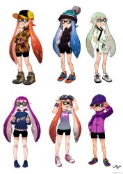 Rule 34 | 6+girls, alternate costume, beanie, camo print, colo (nagrolaz), fangs, glasses, goggles, goggles on head, hat, highres, inkling player character, jacket, multiple girls, nintendo, pointy ears, simple background, smile, splatoon (series), sunglasses, sweater, tentacle hair, v, wristband