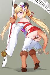 Rule 34 | 1girl, alternate design, animal ears, animal hands, ass, baphomet (monster girl encyclopedia), bare shoulders, blonde hair, blush, claws, commentary, english commentary, fewer digits, from behind, full body, goat ears, goat horns, grey background, hat, highres, hip vent, hooves, horns, leaning forward, long hair, long sleeves, looking at viewer, low twintails, maebari, maritan (pixelmaritan), microskirt, mini hat, mini top hat, monster girl, monster girl encyclopedia, nontraditional miko, off shoulder, ofuda, ofuda on pussy, pleated skirt, purple eyes, red skirt, ribbon-trimmed sleeves, ribbon-trimmed thighhighs, ribbon trim, scythe, simple background, skirt, smile, solo, tail, thighhighs, tilted headwear, top hat, twintails, very long hair, white hat, white thighhighs, wide sleeves