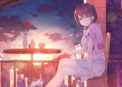 Rule 34 | 10s, 1girl, animal, blue eyes, breasts, brown hair, chair, cloud, crossed legs, dress, from side, hai to gensou no grimgar, kaname 024, long hair, merry (grimgar), sitting, sky, solo, sunset, table