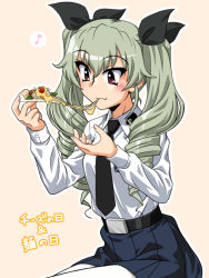 Rule 34 | 1girl, anchovy (girls und panzer), anzio school uniform, beige background, belt, black belt, black necktie, black ribbon, black skirt, closed mouth, commentary request, dress shirt, drill hair, eating, eighth note, emblem, food, girls und panzer, green hair, hair ribbon, holding, holding food, long hair, long sleeves, miniskirt, musical note, necktie, oosaka kanagawa, outline, pantyhose, partial commentary, pizza, pizza slice, pleated skirt, red eyes, ribbon, school uniform, shirt, simple background, sitting, skirt, smile, solo, spoken musical note, translated, twin drills, twintails, white outline, white pantyhose, white shirt, wing collar