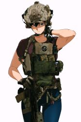 Rule 34 | 1girl, absurdres, ammunition pouch, arm up, assault rifle, black hair, blue eyes, blue pants, brown shirt, camouflage, camouflage headwear, cowboy shot, desert camouflage, digital camouflage, ear protection, gloves, gun, gun sling, hair between eyes, hand on own neck, helmet, highres, load bearing vest, looking at viewer, m4 carbine, magazine (weapon), mole, mole under mouth, original, pants, parted lips, pen guin15, pouch, rifle, shirt, short hair, short sleeves, simple background, solo, tactical clothes, watch, weapon, white background, wristwatch