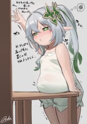 Rule 34 | ..., 1girl, arm support, blush, breasts, closed mouth, covered navel, cowboy shot, cross-shaped pupils, genshin impact, green eyes, green hair, grey hair, hair between eyes, highres, long hair, nahida (genshin impact), no nose, notice lines, open hand, oruka (kamituki0827), outstretched arm, plump, pointy ears, side ponytail, signature, simple background, small breasts, solo, squiggle, sweat, symbol-shaped pupils, table, thick thighs, thighs, thought bubble, translation request