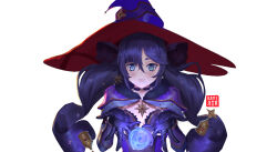 1girl absurdres blue_eyes breasts choker commentary earrings english_commentary genshin_impact gloves gold_trim hat hat_ornament highres jewelry long_hair mona_(genshin_impact) rapixer simple_background solo star_(symbol) star_choker star_earrings twintails white_background witch_hat