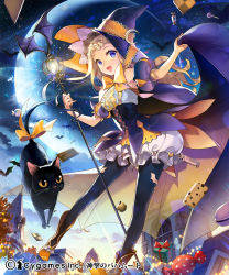 Rule 34 | 10s, 1girl, bat (animal), black pantyhose, blonde hair, blue eyes, boots, candy, cape, cat, cookie, crescent, fang, food, halloween, hat, long hair, looking at viewer, md5 mismatch, original, pantyhose, salt (salty), shingeki no bahamut, short sleeves, smile, solo, staff, witch hat