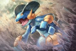 Rule 34 | absurdres, commentary request, creatures (company), day, fins, game freak, gen 3 pokemon, highres, kuroi susumu, mud, nintendo, no humans, open mouth, orange eyes, outdoors, pokemon, pokemon (creature), solo, swampert, tongue