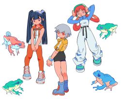 Rule 34 | 3girls, adjusting clothes, adjusting headwear, baggy pants, black hair, black sash, black shorts, blue eyes, blue footwear, boots, breasts, cross-laced footwear, dot nose, double-parted bangs, drawstring, frog, full body, grey eyes, grey hair, highres, hood, hoodie, inset, looking at viewer, looking back, multiple girls, now drawing, orange footwear, orange hair, orange pantyhose, original, own hands together, pants, pantyhose, puffy short sleeves, puffy sleeves, red eyes, red hoodie, sash, shoes, short eyebrows, short sleeves, shorts, simple background, sleeveless, sleeveless hoodie, small breasts, sneakers, standing, twintails, two-tone footwear, two-tone hoodie, v arms, white background, white hood, white pants