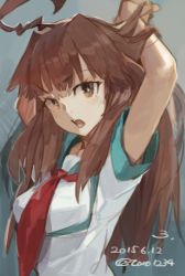 Rule 34 | + +, 10s, 1girl, 2015, :o, ahoge, arms up, brown hair, dated, fang, gradient background, hand in own hair, highres, kantai collection, kuma (kancolle), long hair, open mouth, school uniform, serafuku, short sleeves, solo, toro (konirio), twitter username, upper body
