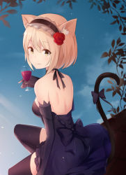 Rule 34 | 1girl, alcohol, animal ears, backless dress, backless outfit, bare back, bare shoulders, black dress, black gloves, black thighhighs, blonde hair, blue sky, breasts, cat ears, cat girl, cat tail, closed mouth, cloud, cup, day, dress, drinking glass, elbow gloves, flower, from side, gloves, hair between eyes, hair flower, hair ornament, hairband, halterneck, hand up, holding, holding cup, holding drinking glass, kimm, leaf, looking at viewer, looking back, medium breasts, original, outdoors, red flower, red rose, rose, short hair, sideboob, sidelocks, sitting, sky, smile, solo, tail, thighhighs, wine, wine glass, yellow eyes, zettai ryouiki