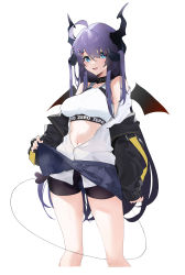 Rule 34 | 1girl, :d, absurdres, ahoge, bare shoulders, bikini, bikini top only, black jacket, black shorts, black skirt, blue eyes, blush, breasts, clothes lift, clothes writing, collar, commentary request, cropped legs, demon girl, demon horns, demon tail, demon wings, gluteal fold, hair ornament, hairclip, highres, horns, jacket, lifted by self, long hair, long sleeves, looking at viewer, mark jin, medium breasts, navel, open clothes, open jacket, open mouth, open shirt, original, purple hair, shirt, shorts, skirt, skirt lift, smile, solo, sports bra, standing, swimsuit, tail, very long hair, white shirt, wings, x hair ornament