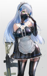 Rule 34 | 1girl, alternate costume, assault rifle, black thighhighs, blue bow, blue bowtie, blue hair, blunt bangs, bow, bowtie, breasts, cleavage, elbow gloves, enmaided, face mask, garter straps, girls&#039; frontline, glasses, gloves, gradient background, green eyes, gun, h&amp;k hk416, hair ornament, hand up, heckler &amp; koch, himonoata, hk416 (girls&#039; frontline), holding, holding gun, holding weapon, long hair, looking at viewer, maid, maid headdress, mask, medium breasts, mouth mask, rifle, solo, standing, thighhighs, weapon