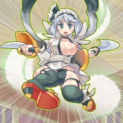 Rule 34 | 1girl, armpits, arms up, black panties, black thighhighs, breasts, cameltoe, choker, cleavage, commission, commissioner upload, cosplay, detached sleeves, green eyes, grey hair, highres, holding, holding sword, holding weapon, iroha (samurai spirits) (cosplay), jumping, kicking, konpaku youmu, konpaku youmu (ghost), maid, maid headdress, maid leotard, medium breasts, multiple swords, one breast out, open mouth, panties, pmx, samurai spirits, short hair, skeb commission, solo, standing, sword, thighhighs, touhou, unconventional maid, underwear, wardrobe malfunction, weapon