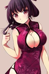 Rule 34 | 1girl, blush, breasts, china dress, chinese clothes, cleavage, dress, female focus, hair ribbon, twirling hair, highres, large breasts, long hair, matsunaga kouyou, original, purple hair, red eyes, ribbon, side slit, simple background, solo, standing