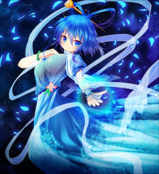 Rule 34 | 1girl, bangle, blue dress, blue eyes, blue hair, blush, bracelet, breasts, closed mouth, dress, floral print, flower, hair ornament, hair rings, hair stick, jewelry, kaku seiga, large breasts, looking at viewer, matching hair/eyes, no bra, outstretched arm, petals, see-through, shawl, smile, solo, star (symbol), starry background, touhou, wrist cuffs, z.o.b