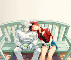 Rule 34 | 10s, 1boy, 1girl, ae-3803, ahoge, bench, blush, cabbie hat, colored skin, couple, cup, embarrassed, closed eyes, flat cap, gloves, hair over one eye, hat, hataraku saibou, head on another&#039;s shoulder, jacket, long sleeves, pants, red blood cell (hataraku saibou), red hair, short hair, shorts, sitting, sleeping, touming mao, u-1146, uniform, wavy mouth, white blood cell (hataraku saibou), white hair, white skin