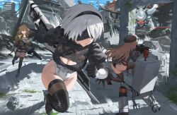 Rule 34 | 2b (nier:automata), 3girls, anis (nikke), ass, assault rifle, battle, beret, black blindfold, black gloves, black hairband, blindfold, blue sky, breasts, brown eyes, brown hair, collaboration, covered navel, crossover, gloves, goddess of victory: nikke, grenade launcher, groin, gun, hairband, hat, highleg, highleg leotard, highres, holding, holding gun, holding weapon, hood (james x), juliet sleeves, jumping, large breasts, leotard, leotard under clothes, long sleeves, mole, mole under mouth, multiple girls, nier:automata, nier (series), outdoors, parted lips, pod (nier:automata), puffy sleeves, rapi (nikke), rapture (nikke), rifle, rubble, running, sky, solo focus, sword, thighs, weapon, weapon on back, white hair, white leotard, wide hips